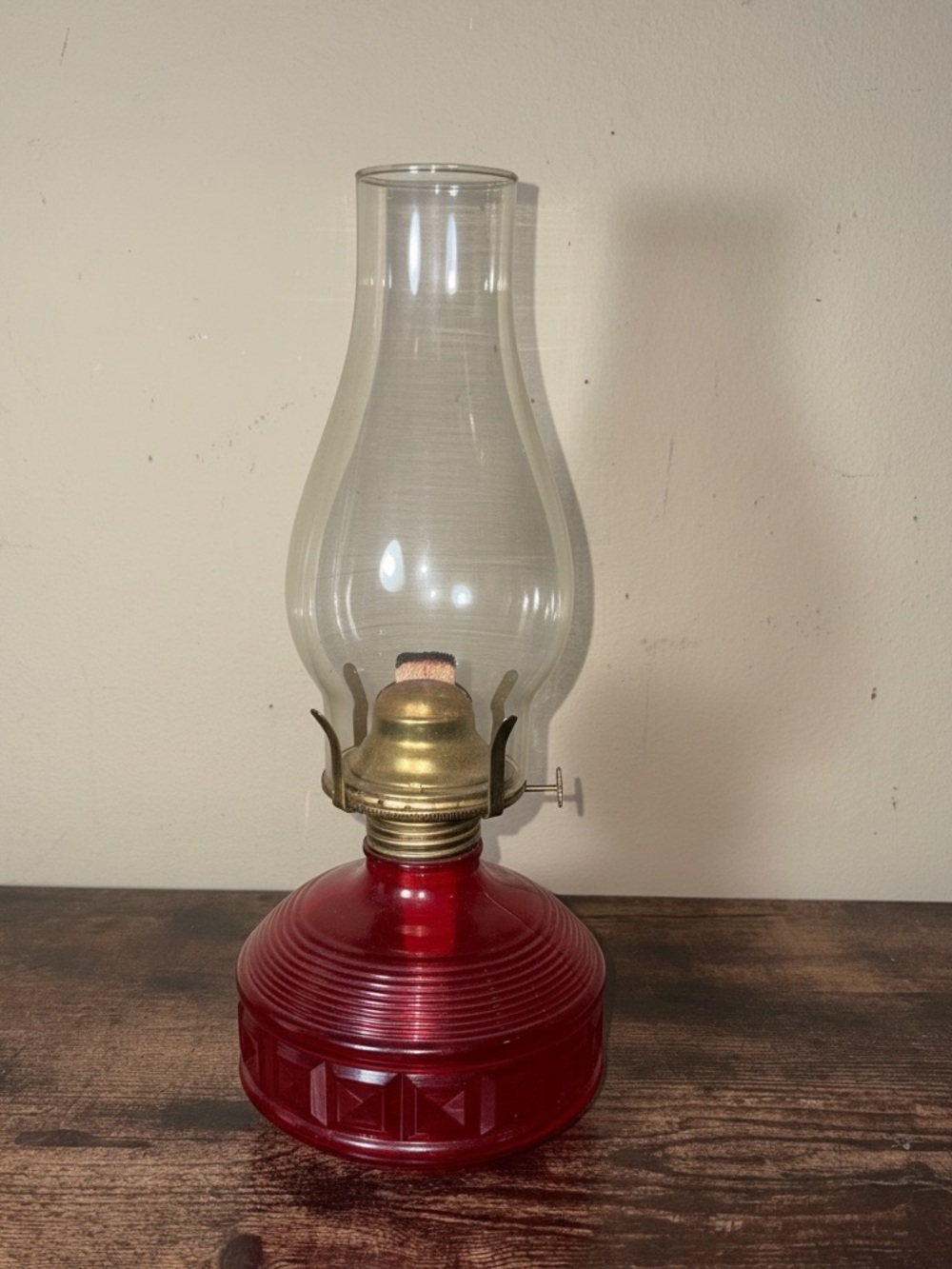 Vintage Red Glass Oil Lamp with Brass Burner